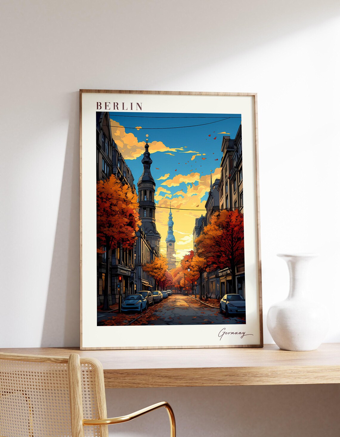 Berlin Germany Autumn Street Church Tower Sunset Vintage Travel Poster