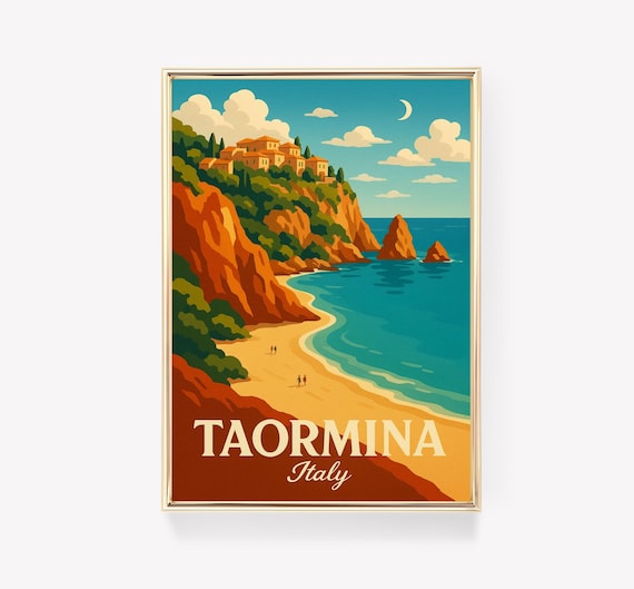 Taormina Italy Coastal Cliffs Beach Vintage Retro Travel Poster