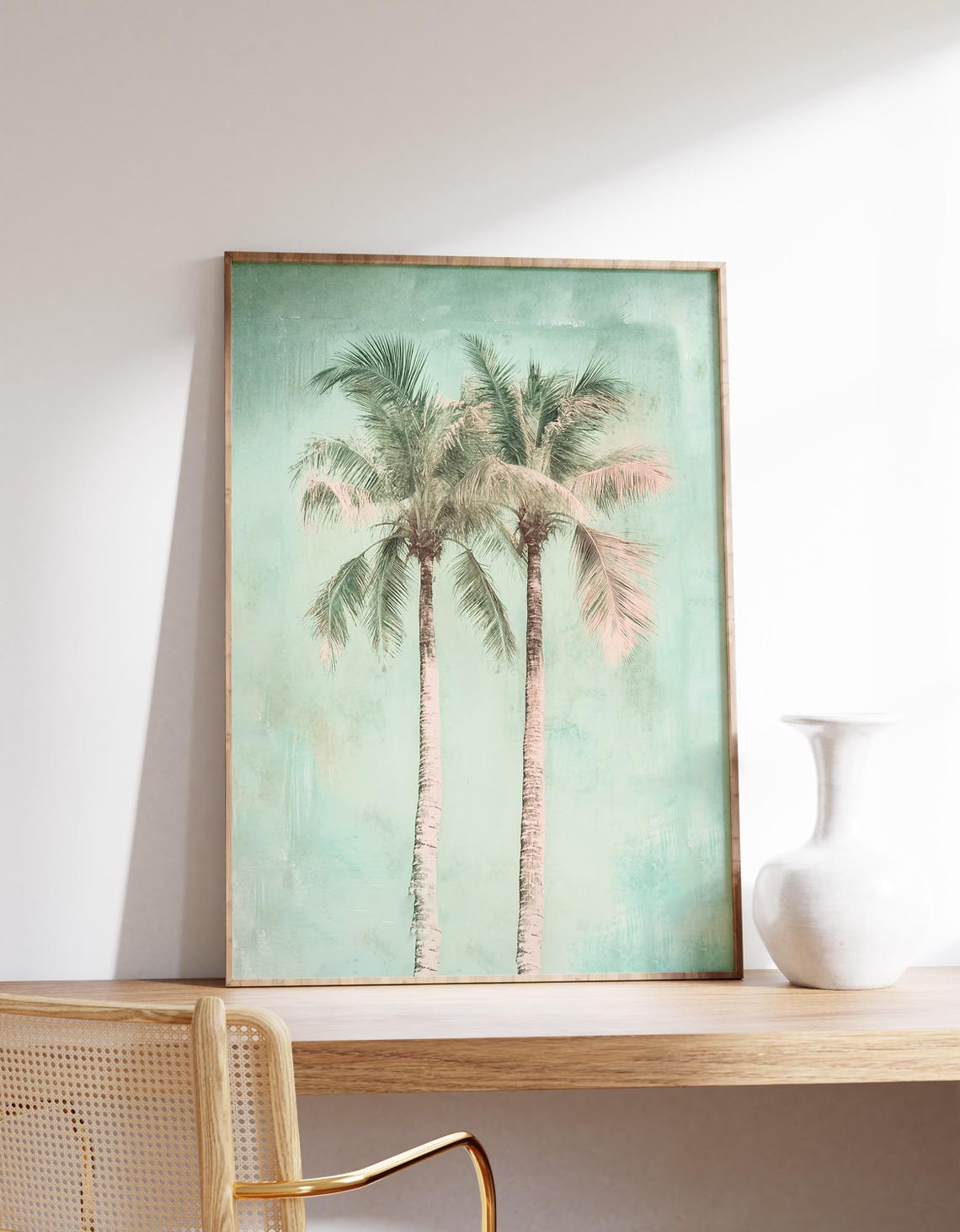 Twin Palm Trees Pastel Mint Green Sky Coastal Beach Summer Poster