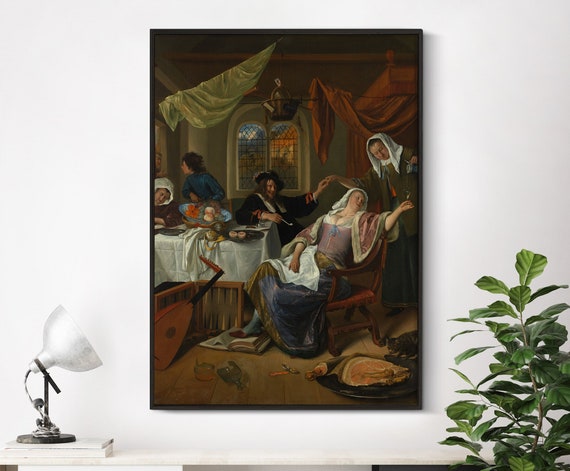 Jan Steen The Dissolute Household 1663 Home Decor Painting Poster Print Art Bedroom Bathroom Kitchen Dark Vintage Man Woman