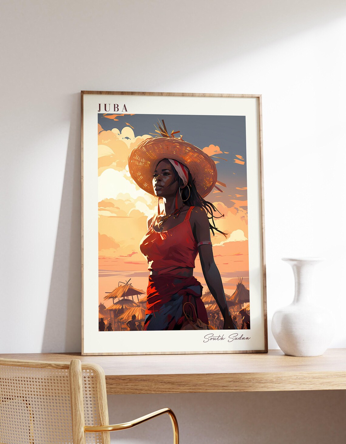 Juba South Sudan Travel Poster Woman Straw Hat Sunset Village Scene