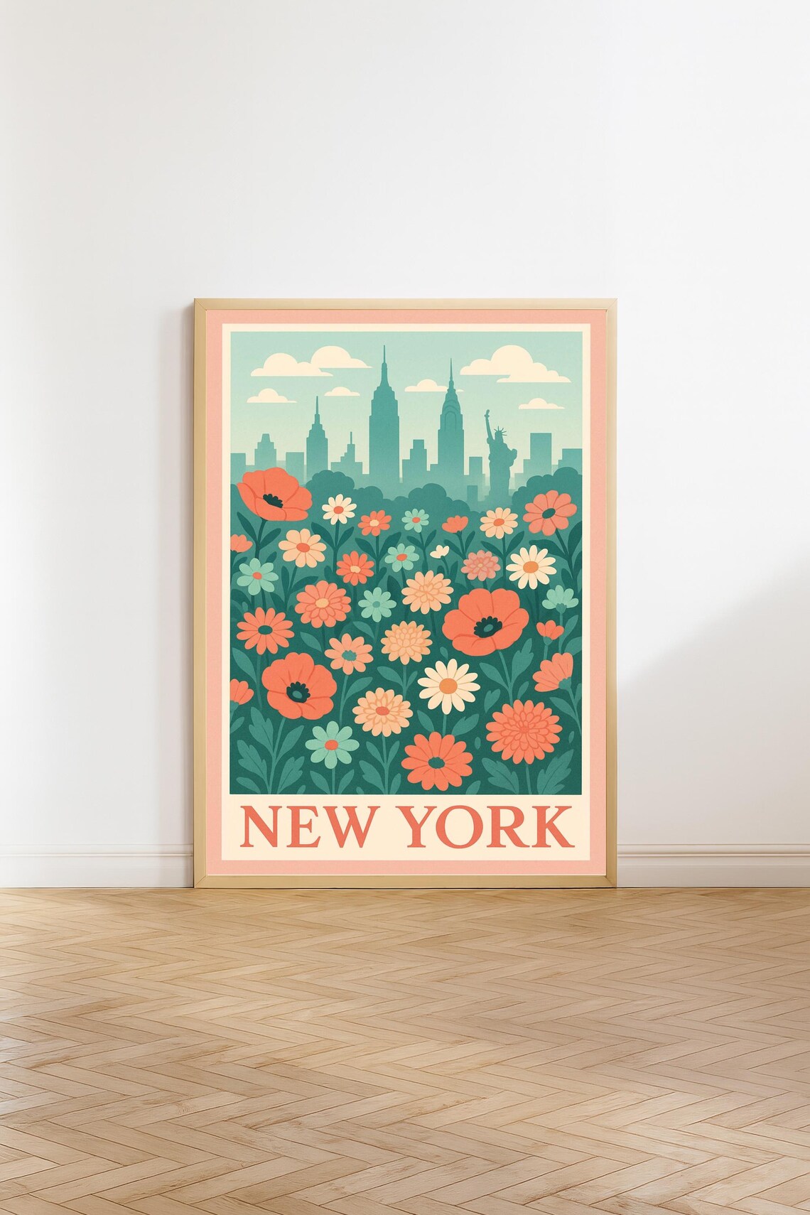 New York City Floral Skyline Botanical Vintage Scenic Travel Poster