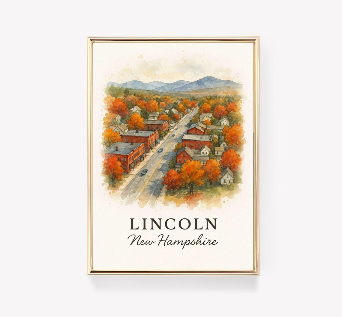 Lincoln New Hampshire Autumn Watercolor Main Street Travel Print