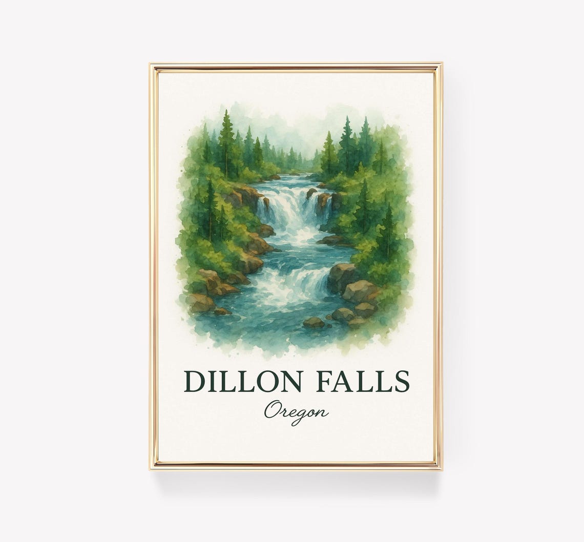 Dillon Falls Oregon Watercolor Waterfall Travel Poster Forest Scene