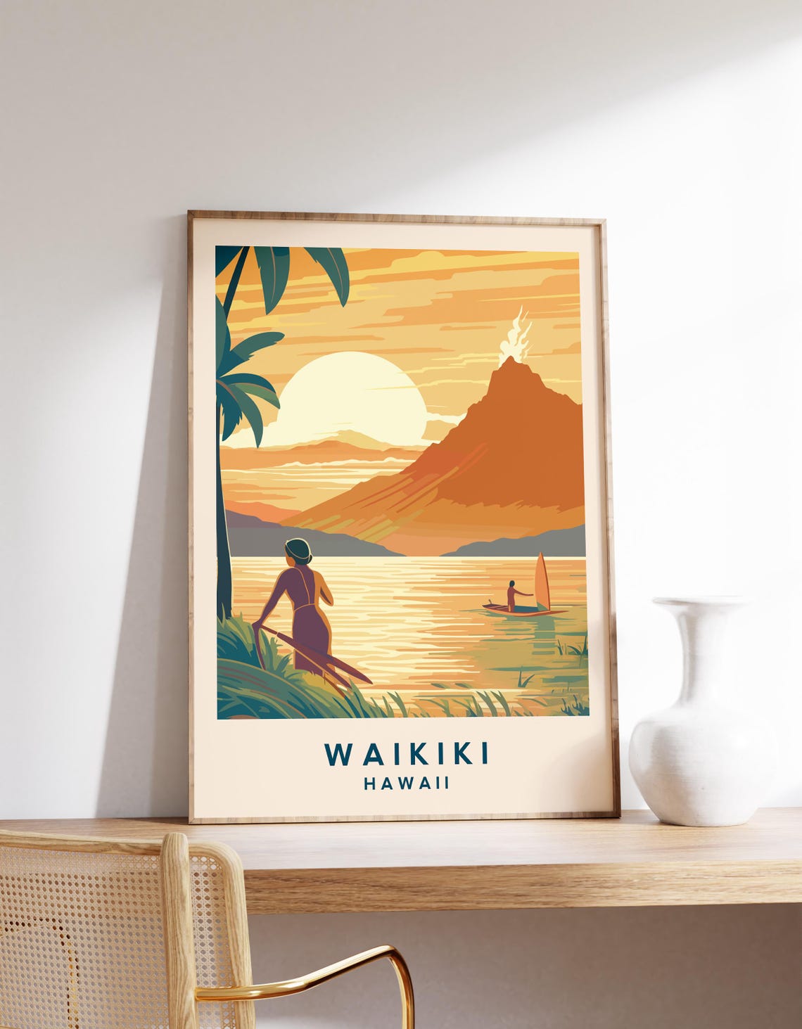 Waikiki Hawaii Diamond Head Sunset Surfer Vintage Travel Poster