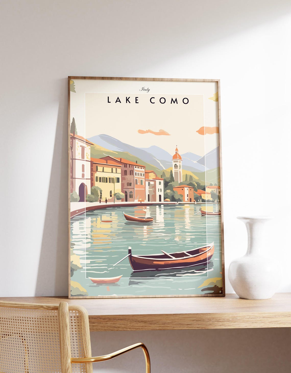 Lake Como Italy Lakeside Town Boats Bell Tower Vintage Travel Poster