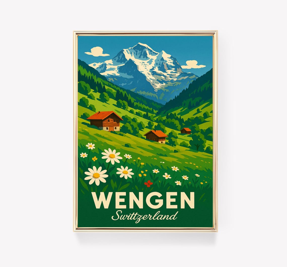 Wengen Switzerland Alpine Meadow Chalets Mountain Travel Poster