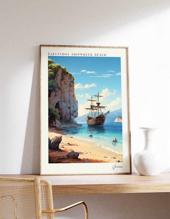 Zakynthos Shipwreck Beach Greece Sail Ship Cove Blue Sea Travel Poster