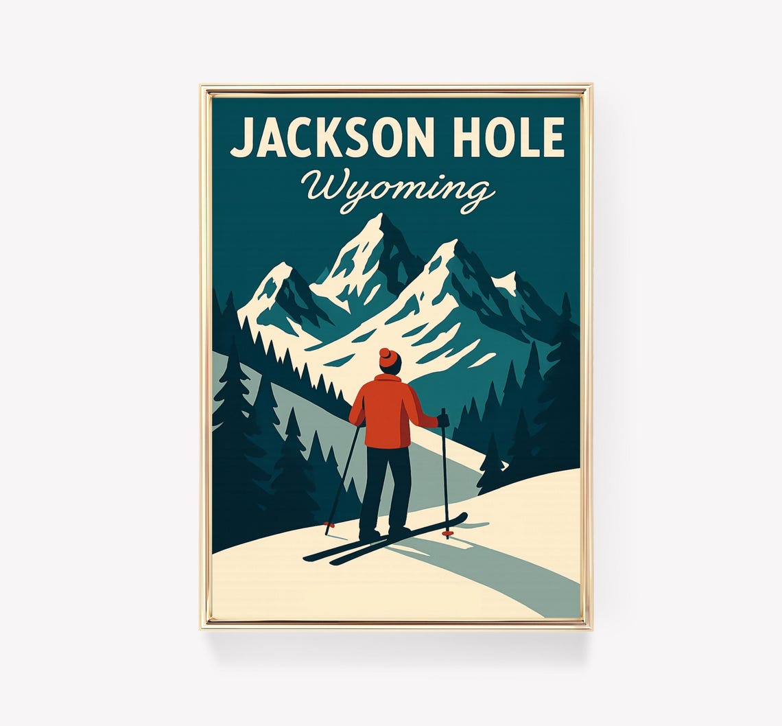 Jackson Hole Wyoming Vintage Ski Mountain Resort Travel Poster