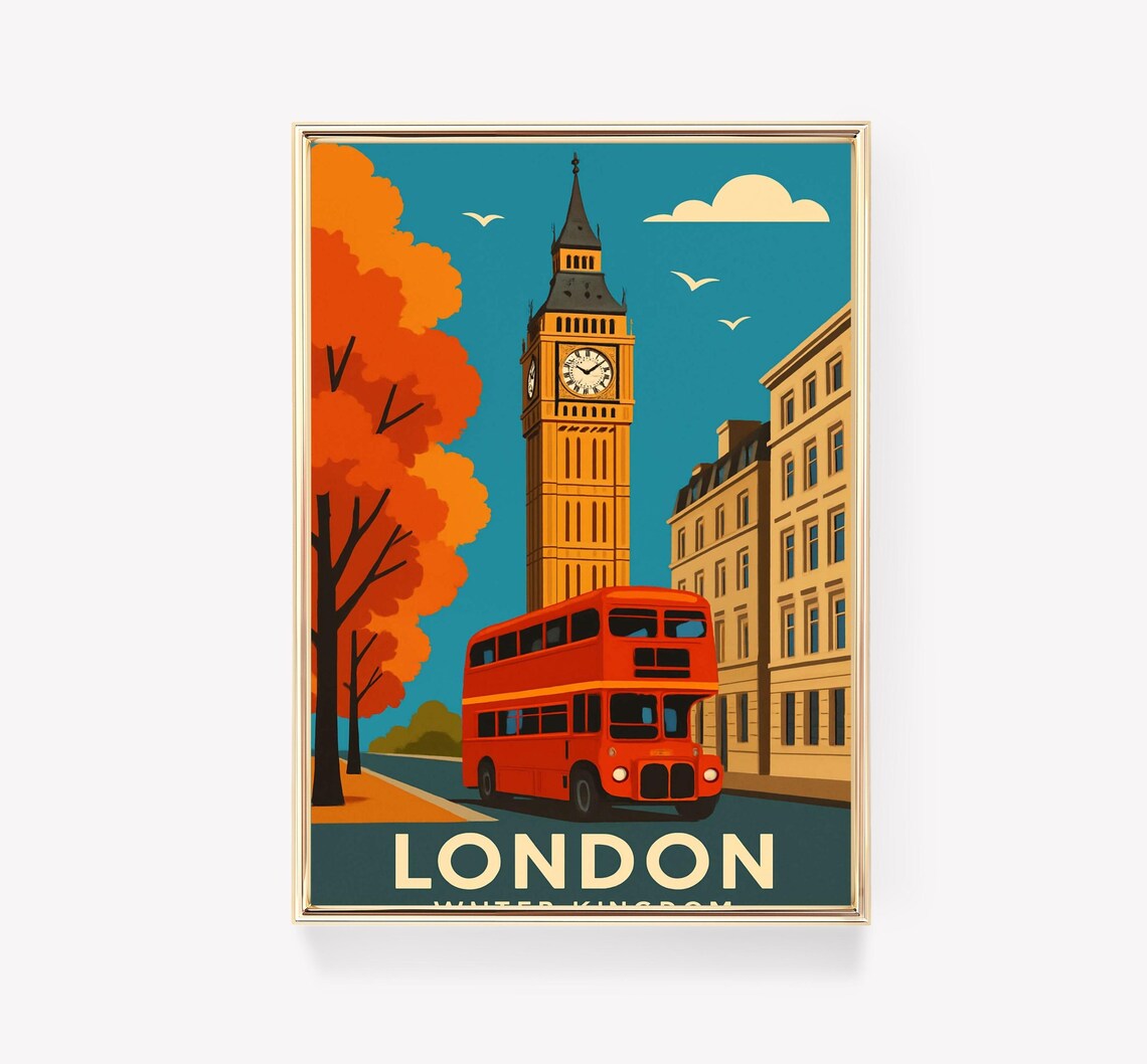 Westminster Big Ben Vintage Travel Poster London Red Bus United Kingdom