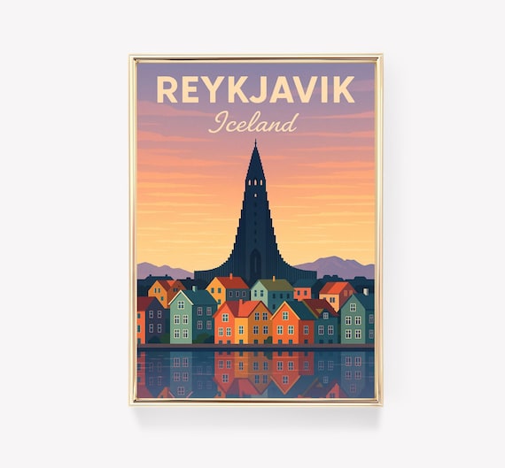 Reykjavik Iceland City Hallgrimskirkja Sunset Retro Travel Poster