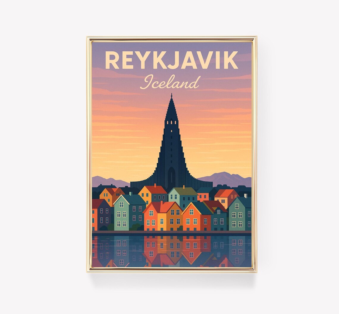 Reykjavik Iceland City Hallgrimskirkja Sunset Retro Travel Poster