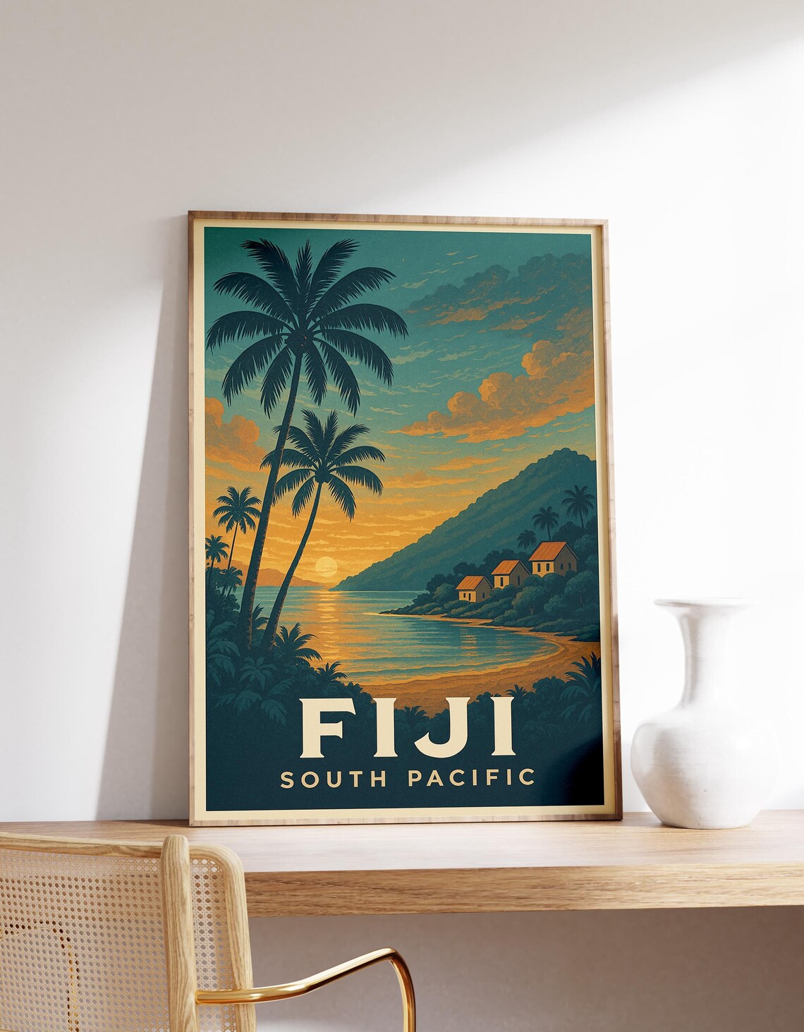 Fiji South Pacific Sunset Palm Beach Tropical Island Travel Poster