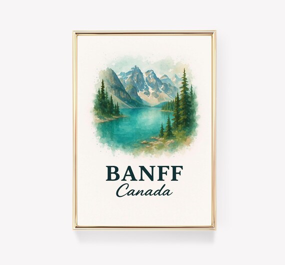 Banff Canada Mountain Lake Watercolor Vintage Travel Wall Art