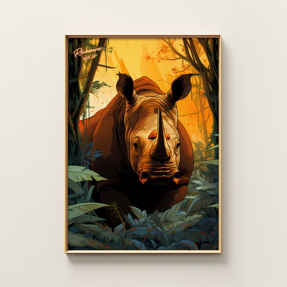 Rhinoceros Wild Life Jungle Sunset Colorful Illustration Poster