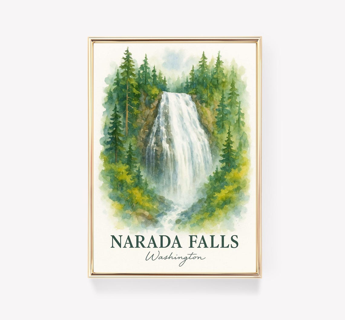 Narada Falls Washington Watercolor Evergreen Forest Waterfall Poster