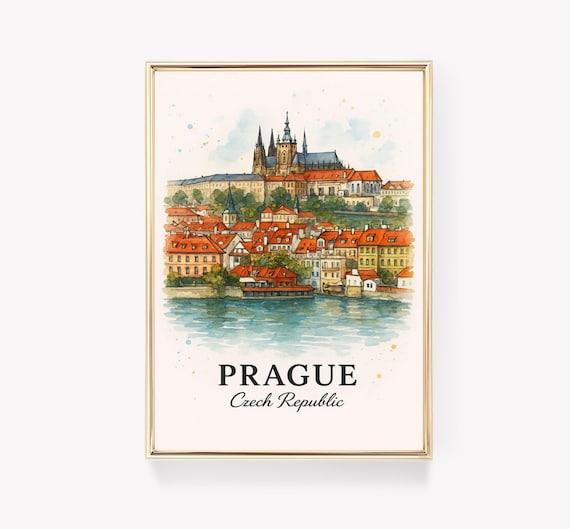 Prague Czech Republic Watercolor Castle Skyline Travel Poster