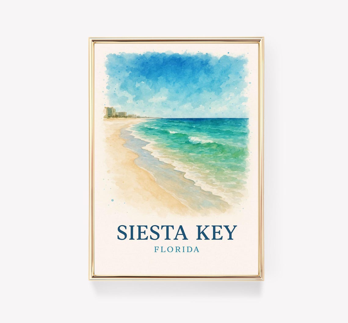 Siesta Key Florida Beach Watercolor Coastal Vacation Travel Poster