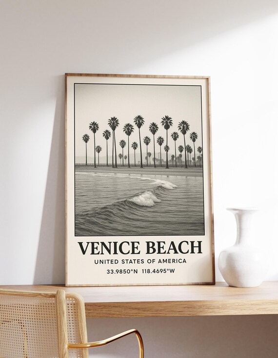 Venice Beach California Palm Trees Waves Vintage Photo Poster