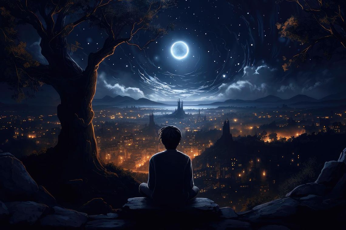 Boy Overlooking a Starry Night City Under a Bright Glowing Moon Poster