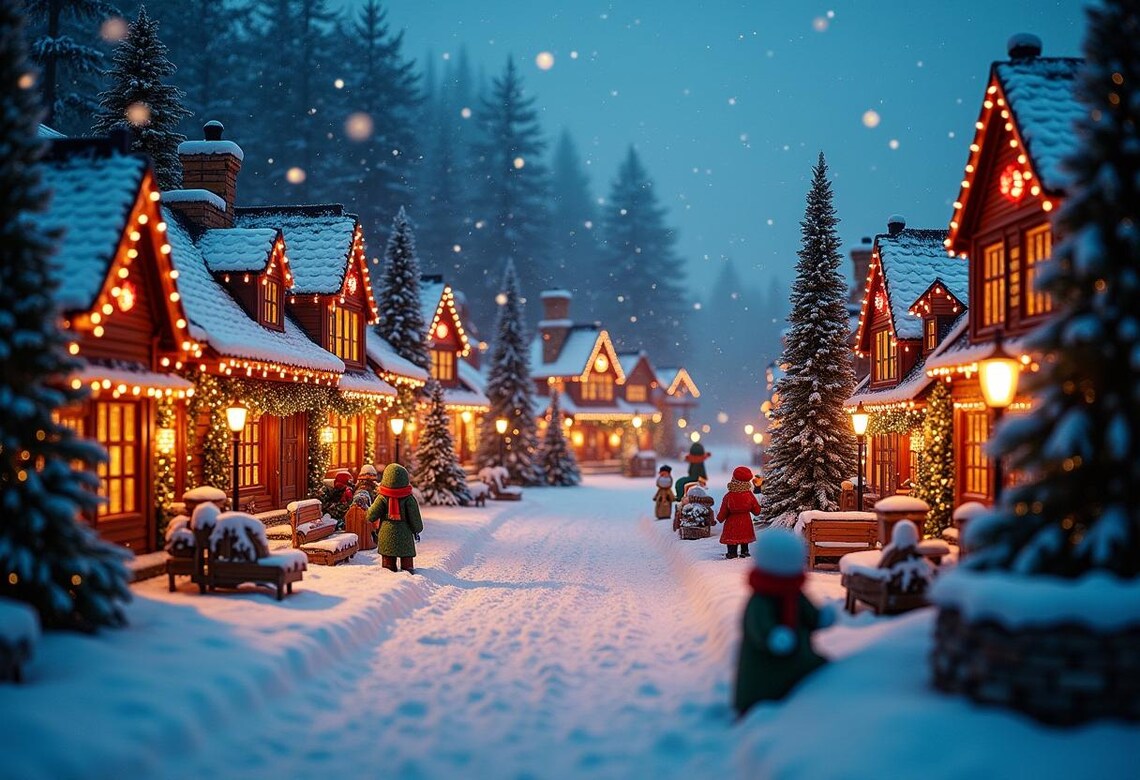 Snowy Christmas Village Street With Glowing Cottages at Dusk Poster