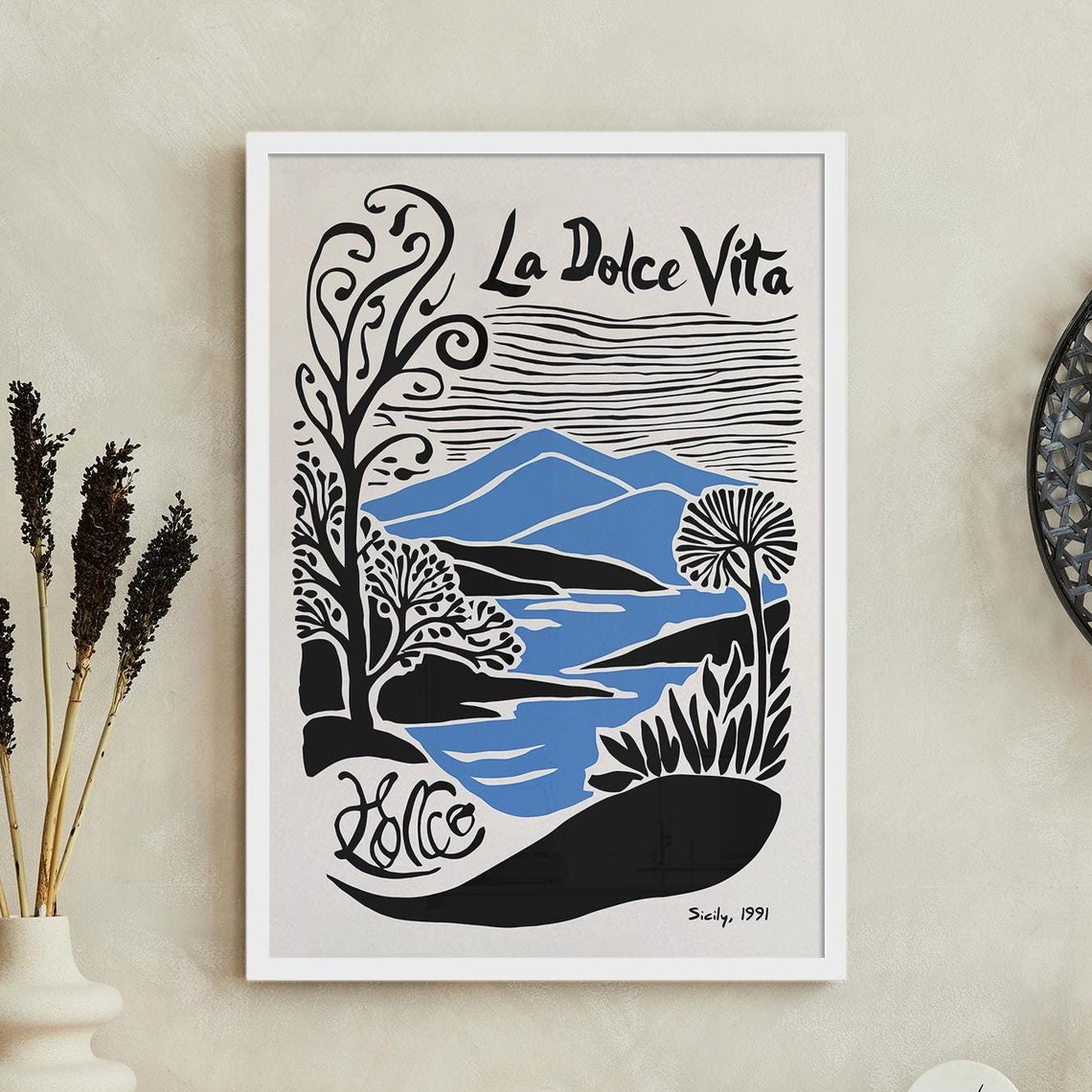 La Dolce Vita Sicily 1991 Blue Coastal Mountain Travel Poster