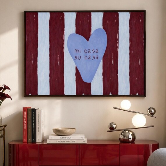 Mi Casa Su Casa Blue Heart Red Striped Welcome Home Quote Poster