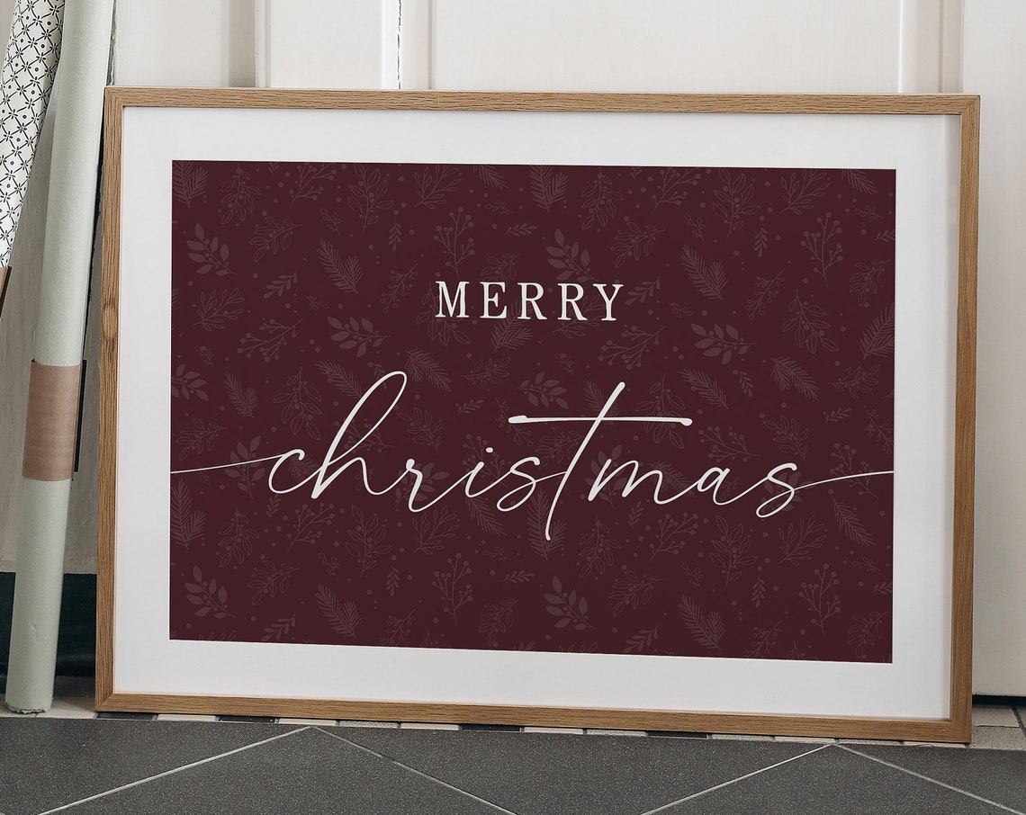 Merry Christmas Burgundy Script Elegant Holiday Greeting Poster