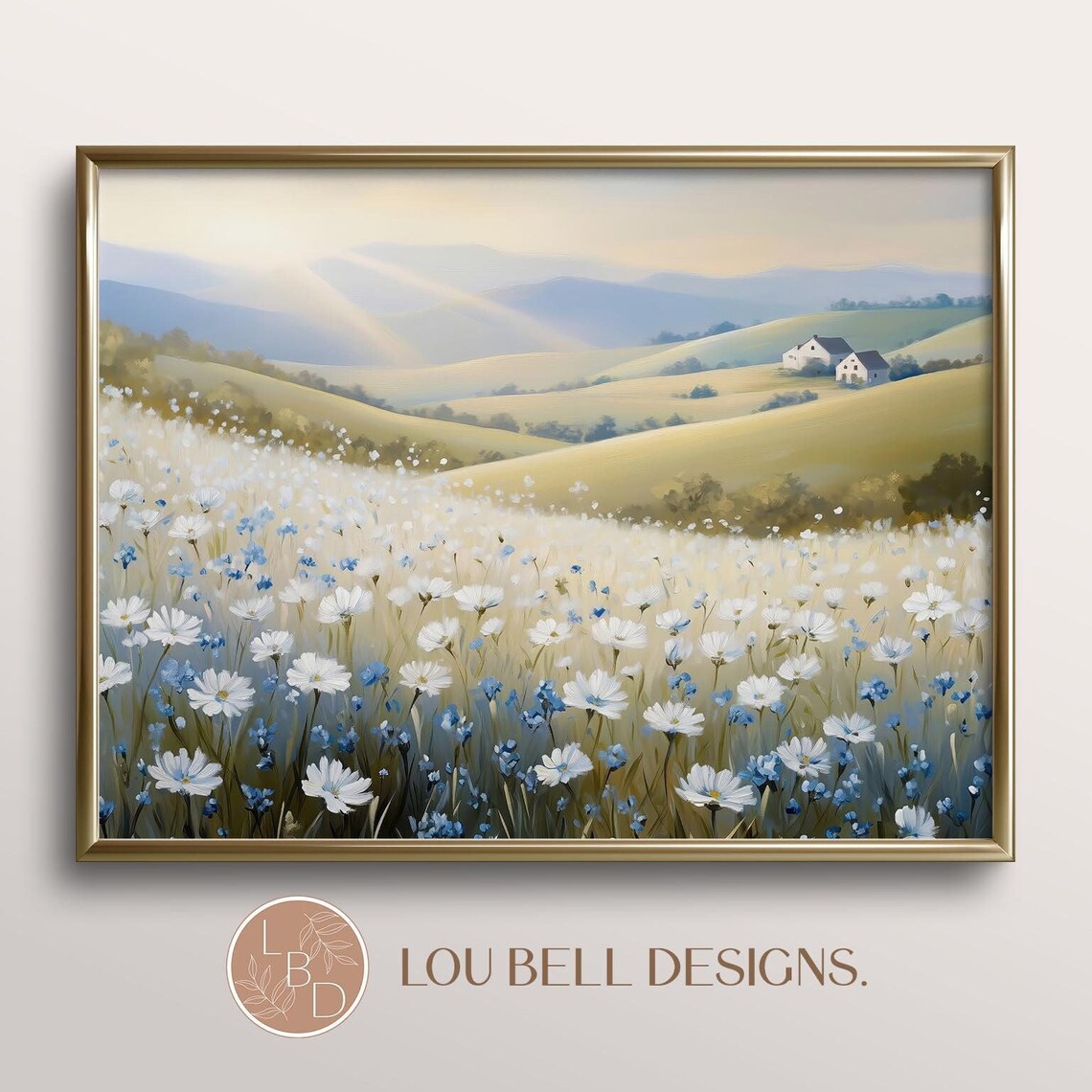 Blue White Wildflower Meadow Morning Sun Countryside Art Print - Image 8