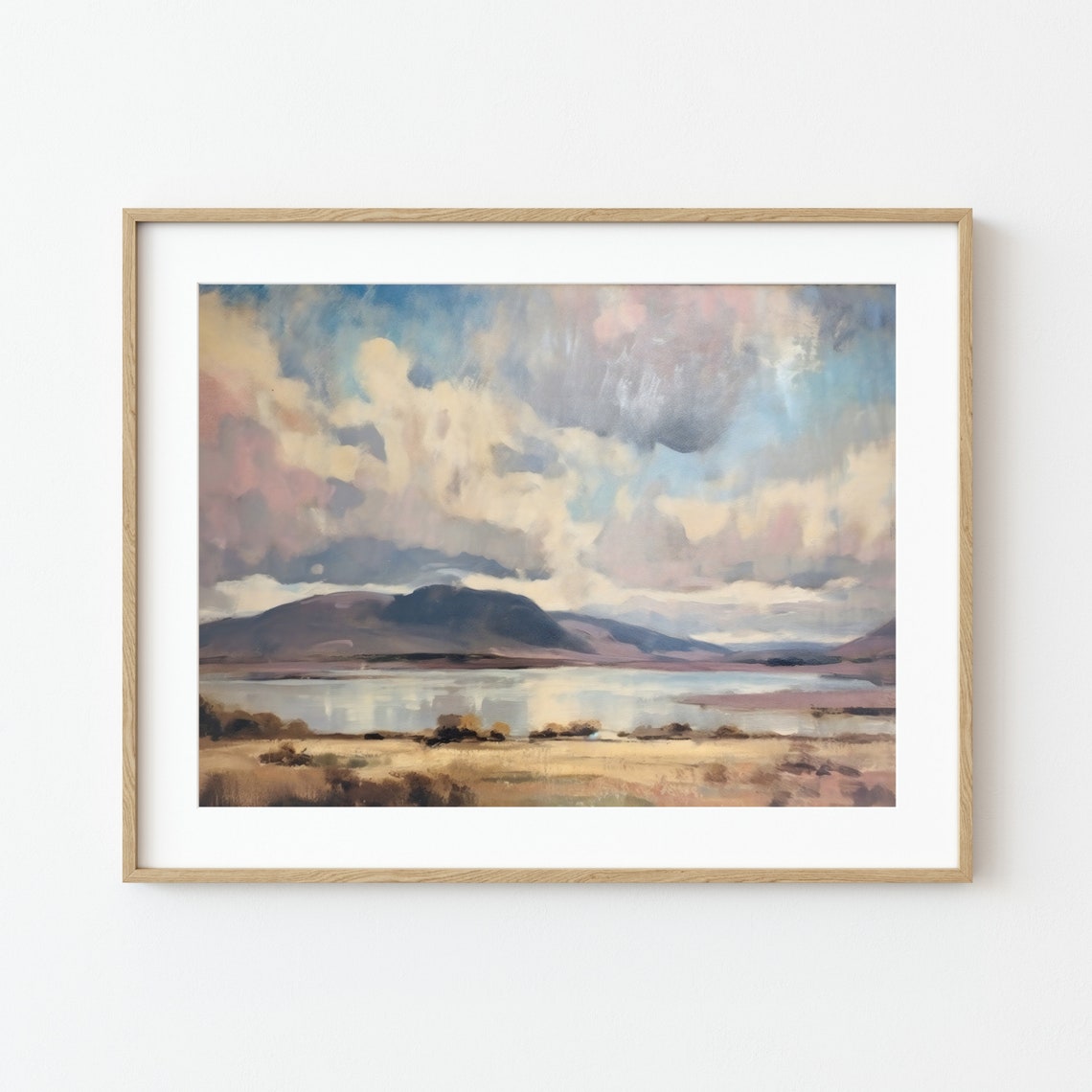 Vintage Lake Mountain Cloudy Sky Soft Light Pastel Landscape Poster - Image 2