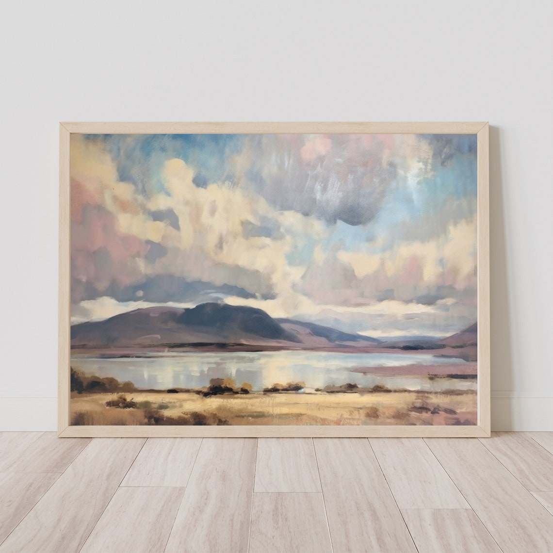 Vintage Lake Mountain Cloudy Sky Soft Light Pastel Landscape Poster - Image 3