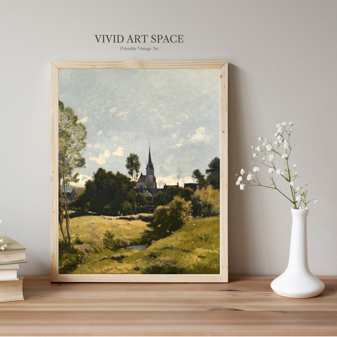 Village Church Spire Golden Meadow Vintage Landscape Painting Poster - Image 2