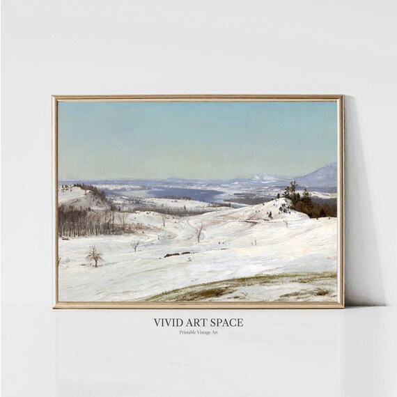 View In The Snow Vintage Winter Landscape Painting Snowy Mountain Valley Print Printable Wall Art