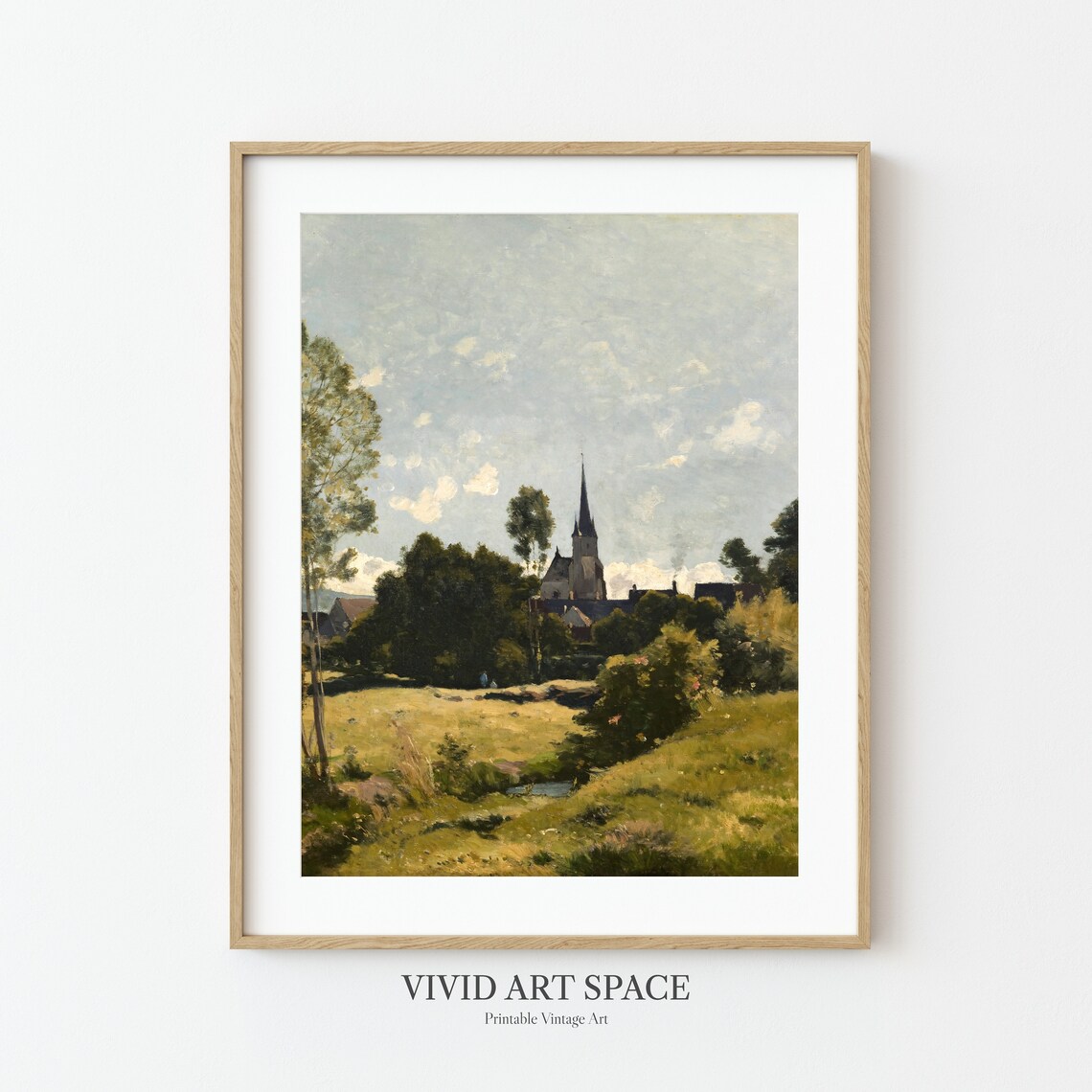 Village Church Spire Golden Meadow Vintage Landscape Painting Poster - Image 3
