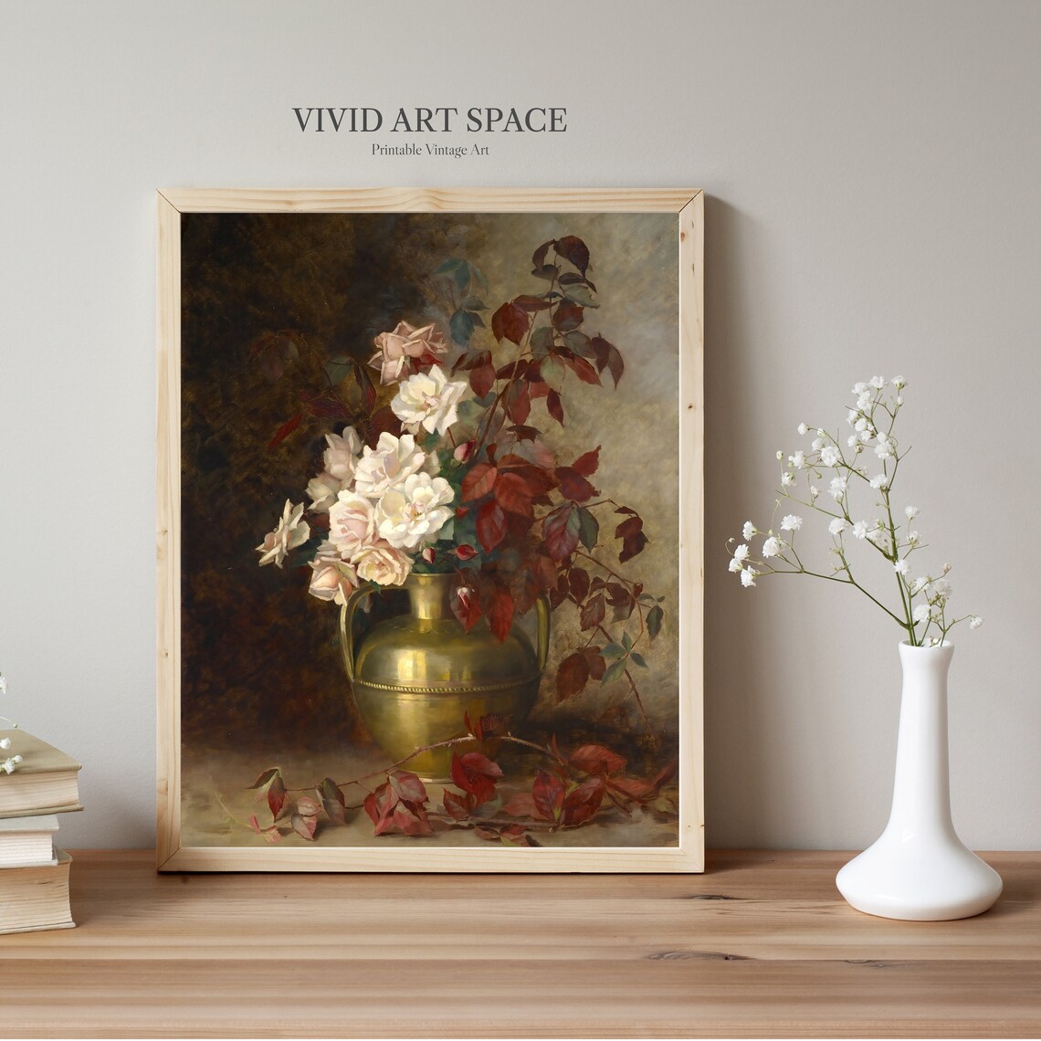 White Roses Brass Vase Dark Vintage Floral Still Life Poster - Image 2