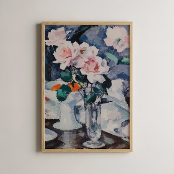 White Roses Glass Vase Impressionist Floral Still Life Poster