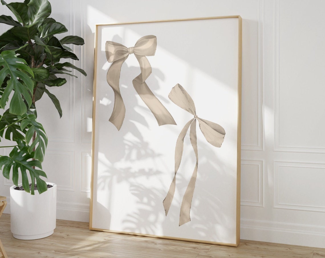 Beige Ribbon Bows Pair Minimalist Coquette Nursery Art Poster