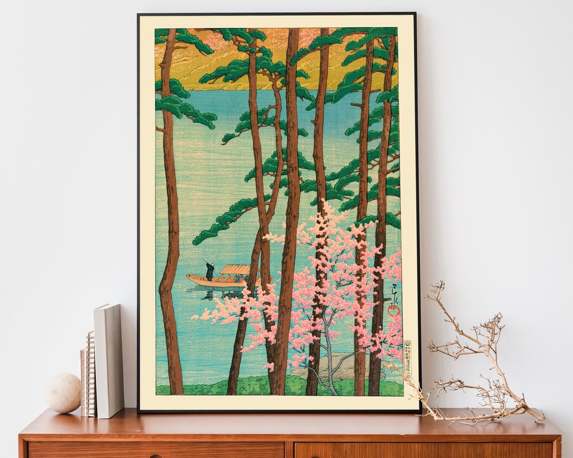 Kawase Hasui Cherry Blossom Pines Lake Boat Vintage Woodblock Art Poster