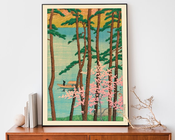 Kawase Hasui Cherry Blossom Pines Lake Boat Vintage Woodblock Art Poster