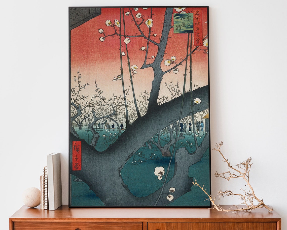 Hiroshige Kameido Plum Blossoms Red Sky Edo Woodblock Poster