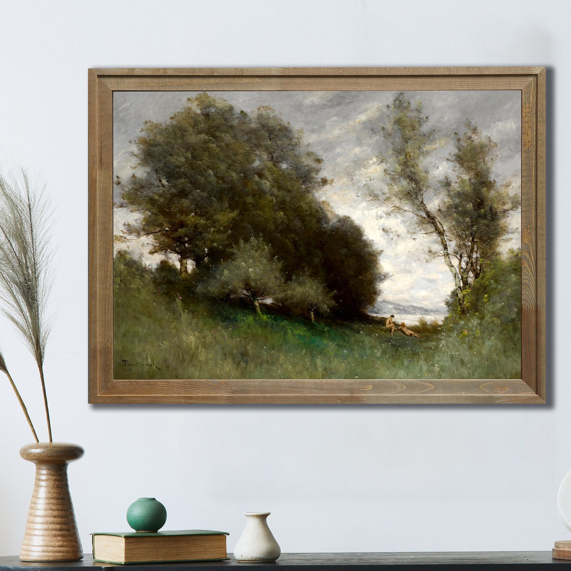 Vintage Oil Painting Tall Trees Lakeside Figures Moody Sky Art Poster - Image 3