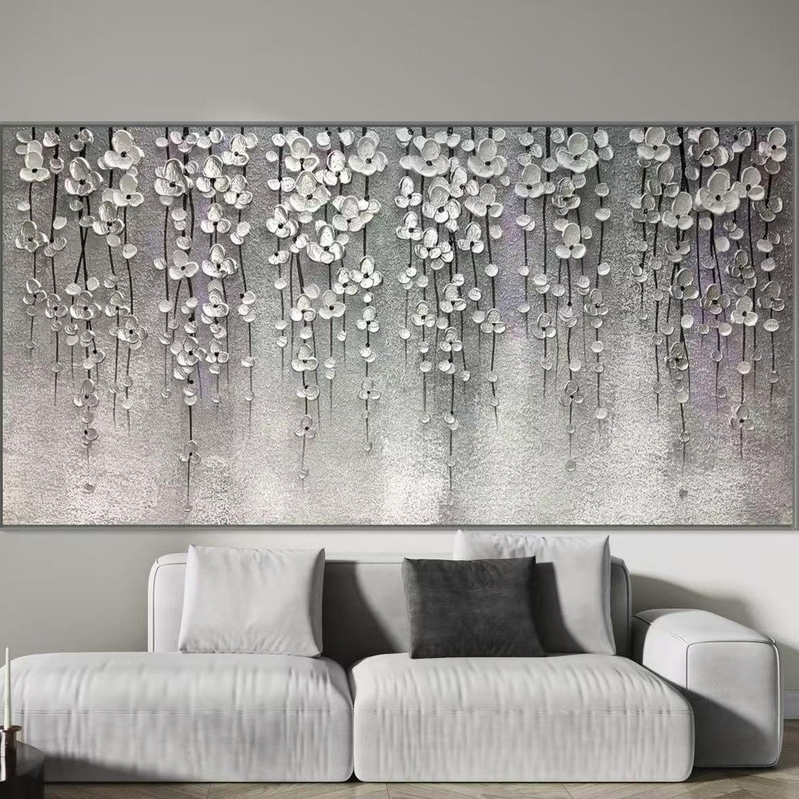 Dangling Silver Blossoms on Dark Strands Shimmering Floral Poster