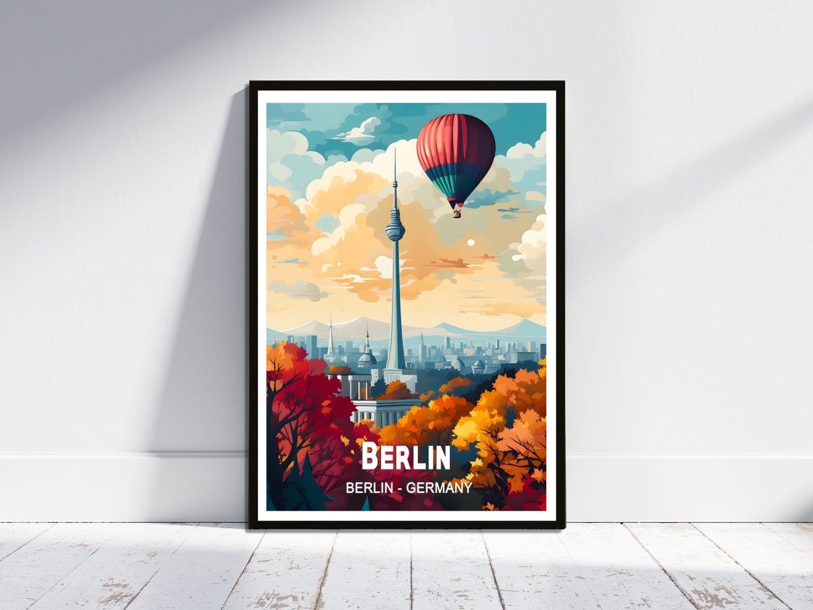 Berlin Germany TV Tower Skyline Balloon Autumn Trees Travel Poster