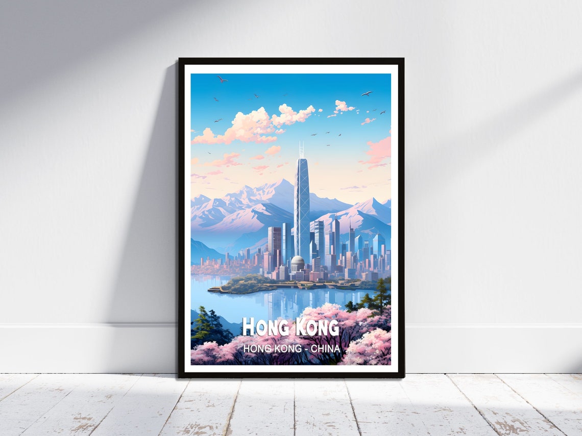 Hong Kong China Harbor Skyline Mountain Blossom Travel Poster
