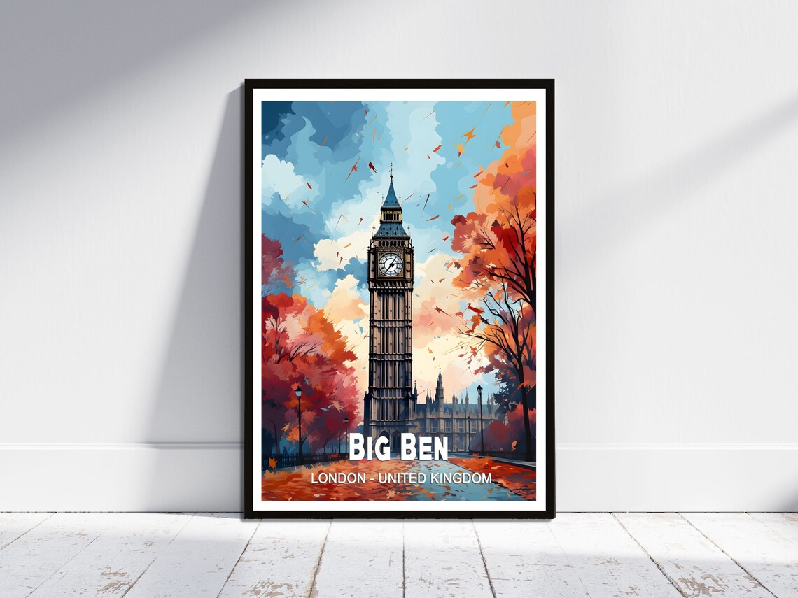 Big Ben London Westminster Autumn Park Vintage Travel Poster