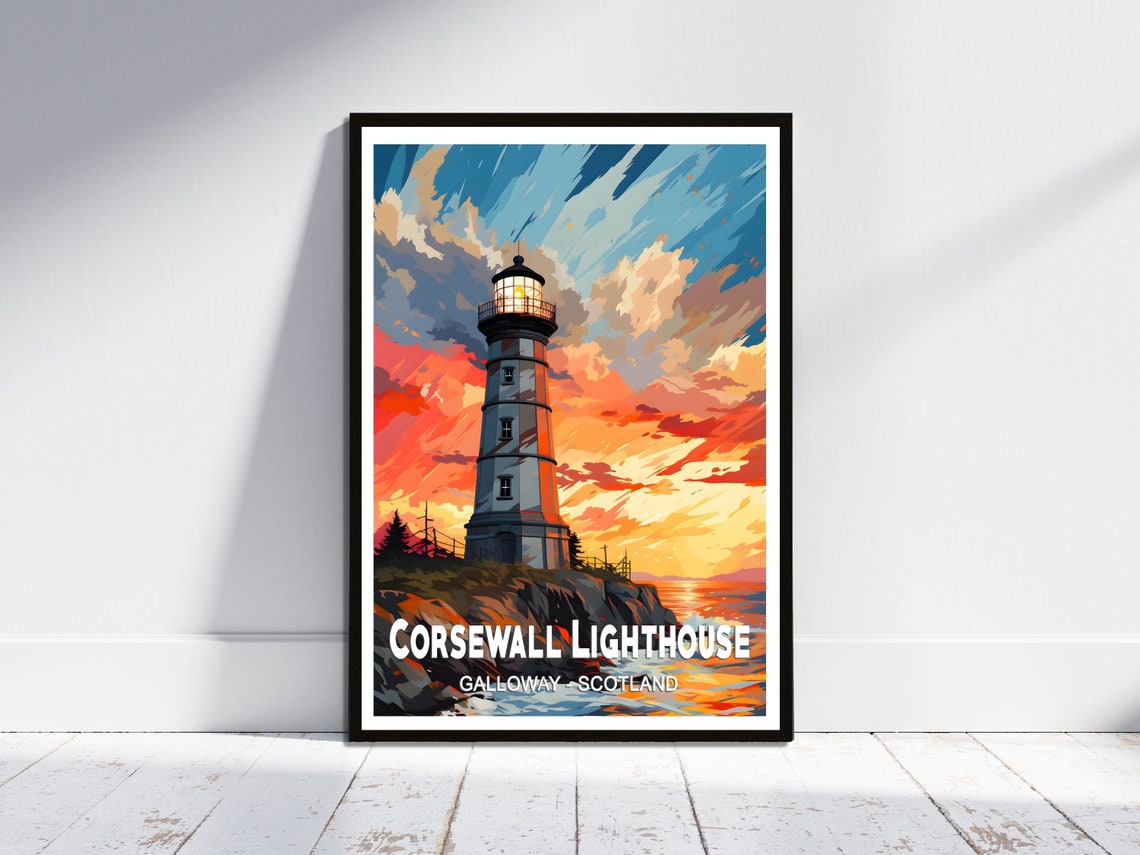 Corsewall Lighthouse Scotland Dramatic Sunset Vintage Travel Poster