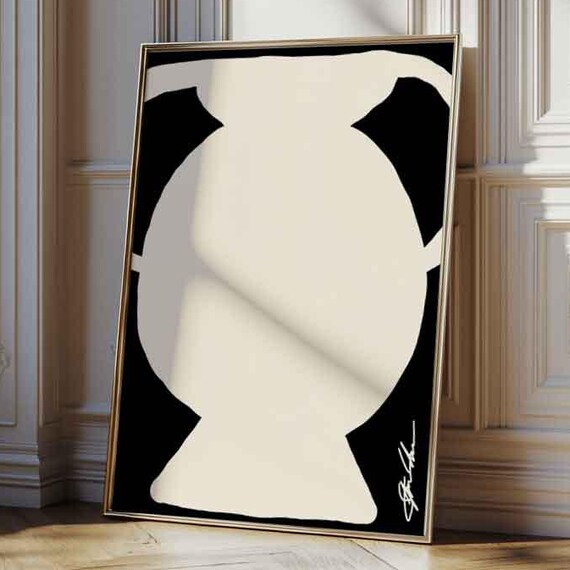 Abstract Black Cream Ceramic Vase Silhouette Modern Midcentury Framed Wall Poster
