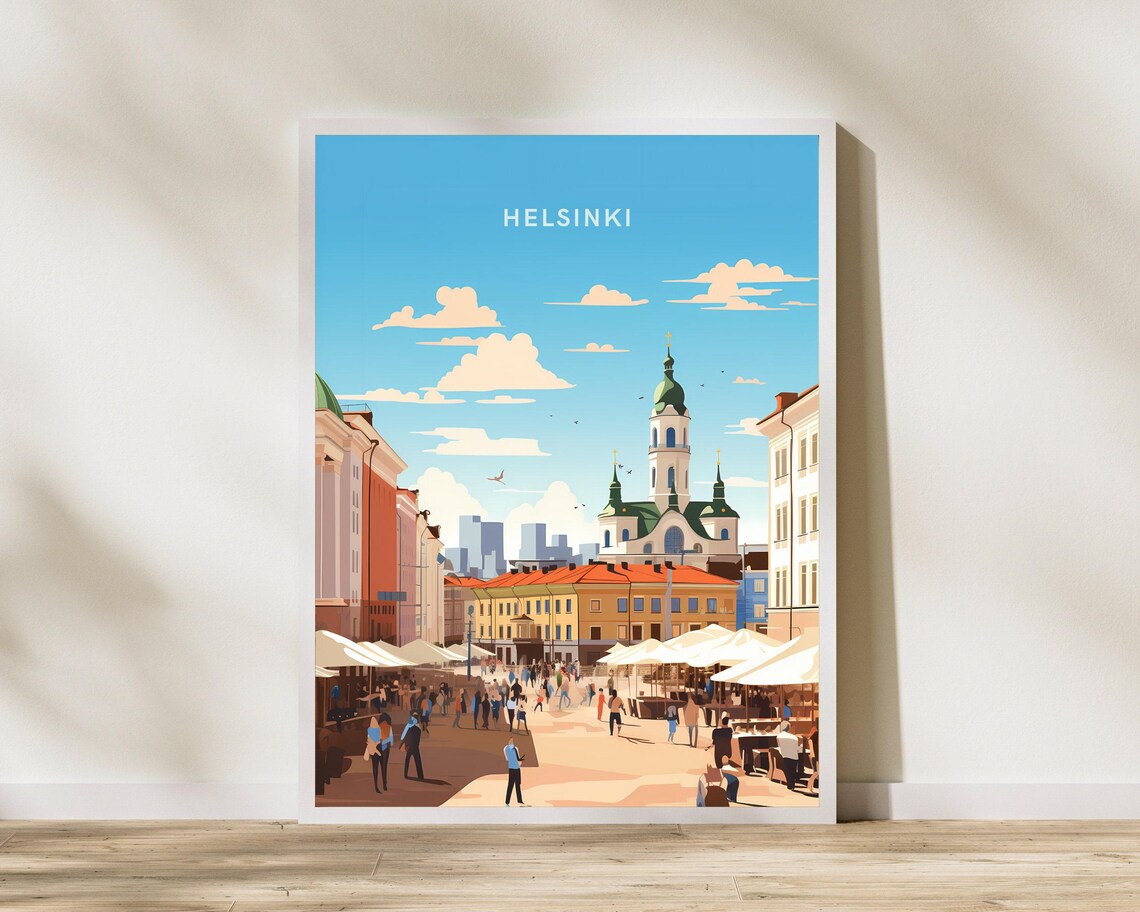 Helsinki Finland Market Square Church Summer Day Travel Poster