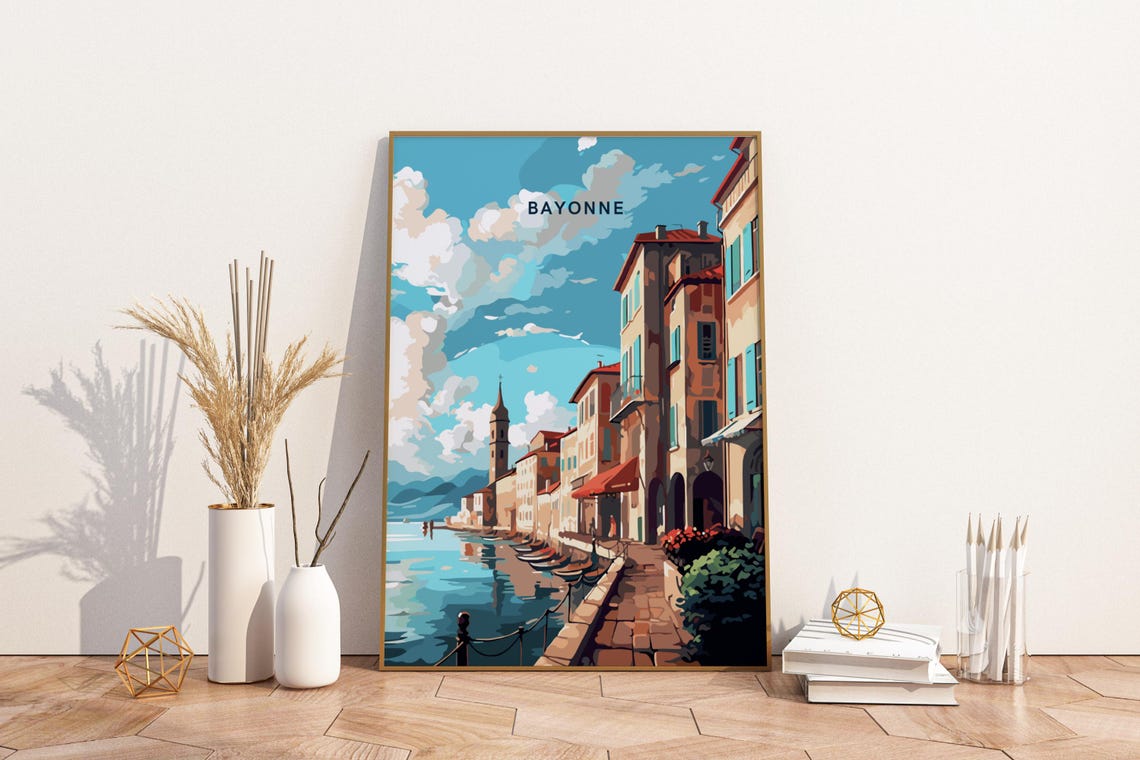 Bayonne France Harbor Old Town Riverside Vintage Travel Poster