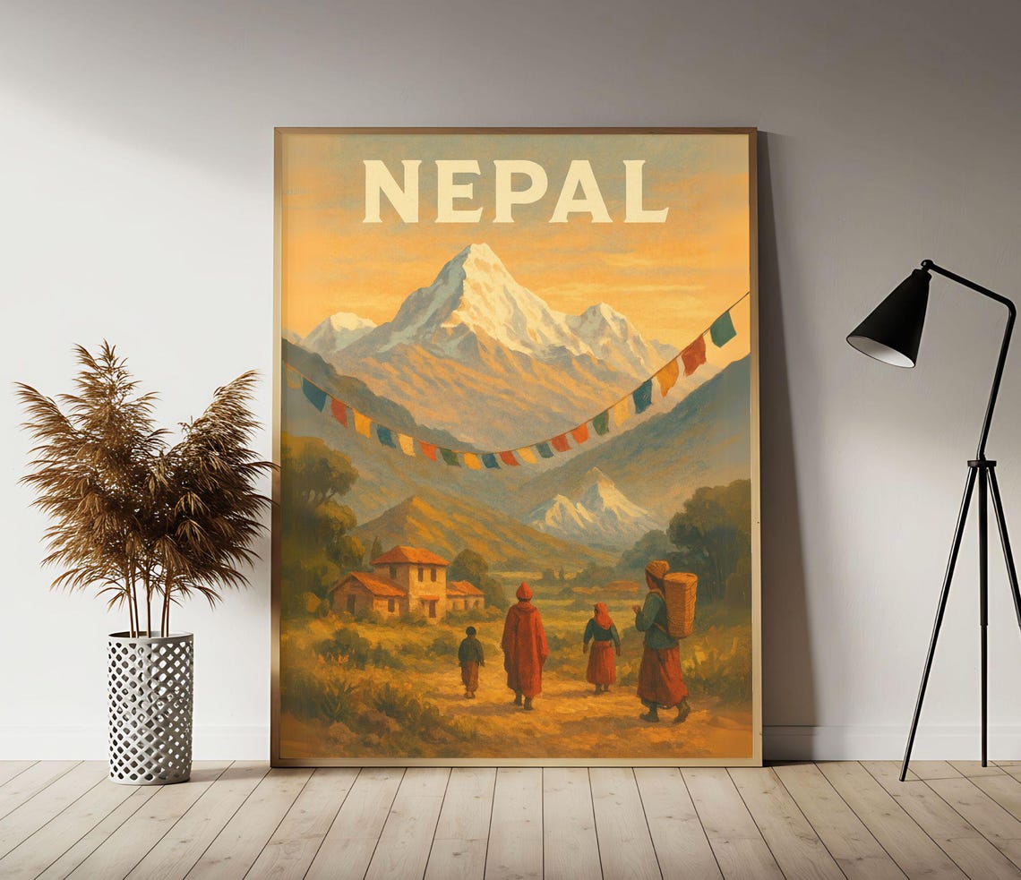 Vintage Nepal Everest Sunrise Travel Poster Himalayan Mountain Art